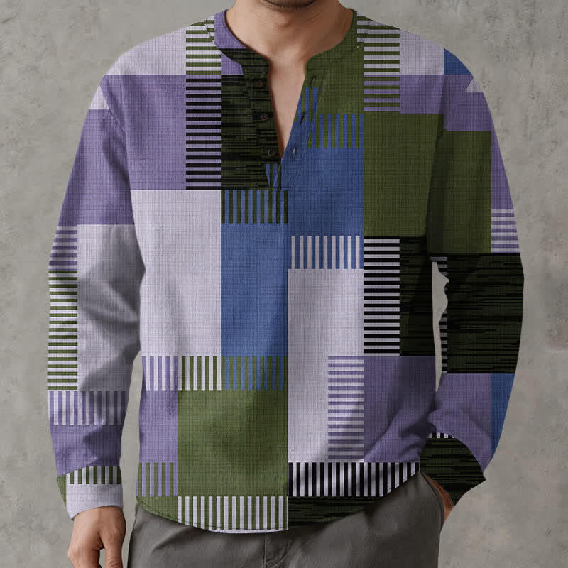 Buddha Stones Camicia da uomo a maniche lunghe con scollo a V e bottoni, in cotone, con motivo patchwork geometrico retrò. - image 8