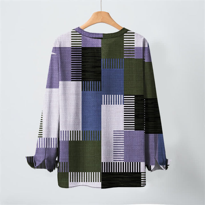 Buddha Stones Camicia da uomo a maniche lunghe con scollo a V e bottoni, in cotone, con motivo patchwork geometrico retrò. - image 10