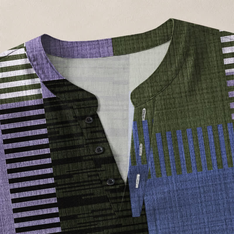 Buddha Stones Camicia da uomo a maniche lunghe con scollo a V e bottoni, in cotone, con motivo patchwork geometrico retrò. - image 11