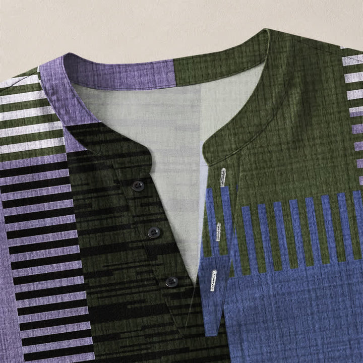 Buddha Stones Camicia da uomo a maniche lunghe con scollo a V e bottoni, in cotone, con motivo patchwork geometrico retrò. - image 11