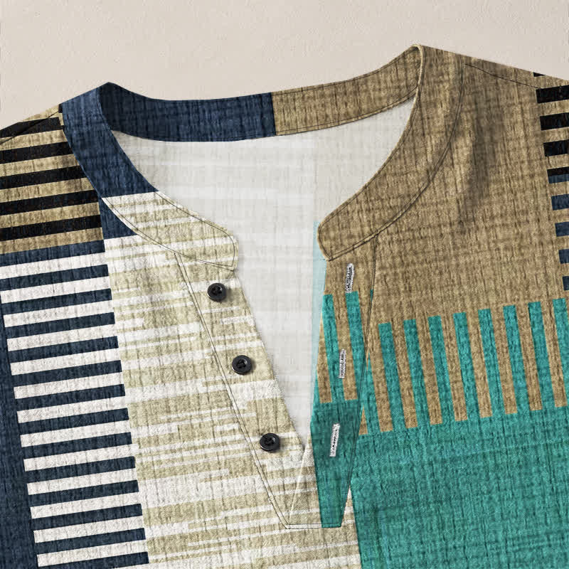 Buddha Stones Camicia da uomo a maniche lunghe con scollo a V e bottoni, in cotone, con motivo patchwork geometrico retrò. - image 18