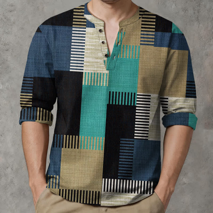 Buddha Stones Camicia da uomo a maniche lunghe con scollo a V e bottoni, in cotone, con motivo patchwork geometrico retrò. - Turchese - US/UK/AU48, EU58 (4XL) - image 14