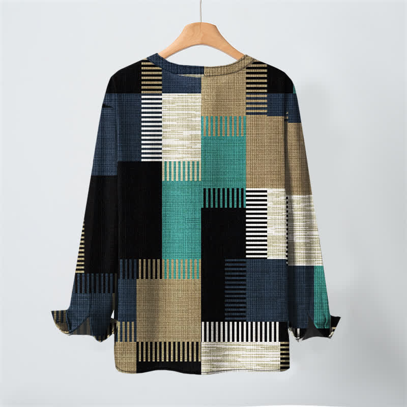 Buddha Stones Camicia da uomo a maniche lunghe con scollo a V e bottoni, in cotone, con motivo patchwork geometrico retrò. - image 17