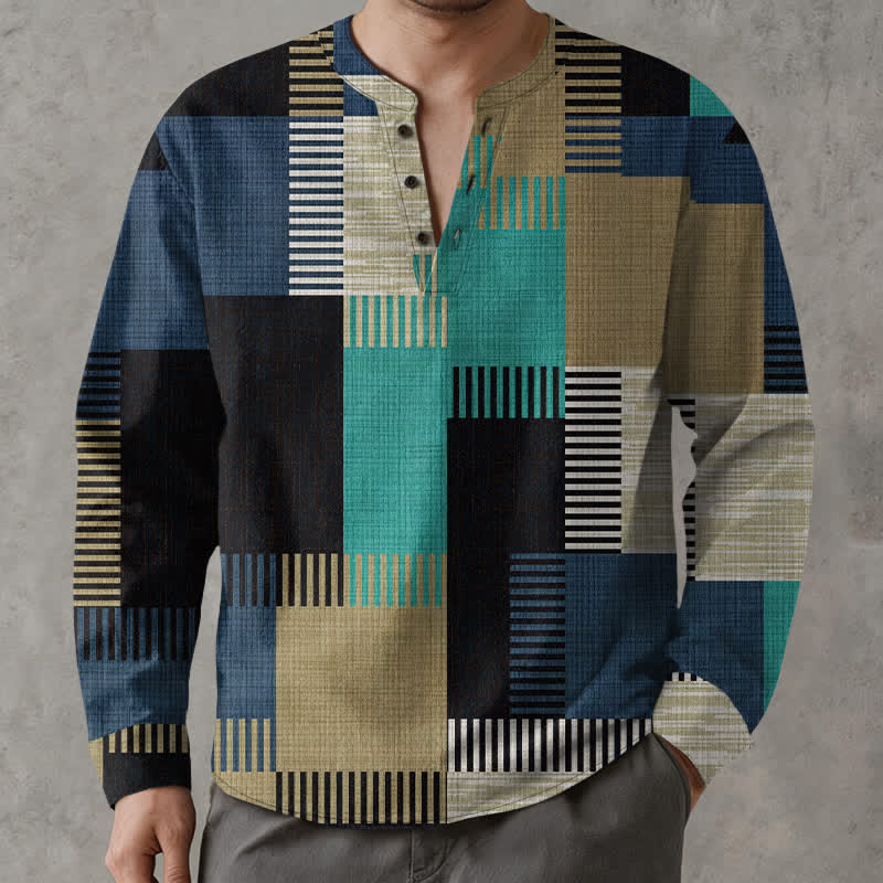 Buddha Stones Camicia da uomo a maniche lunghe con scollo a V e bottoni, in cotone, con motivo patchwork geometrico retrò. - image 15