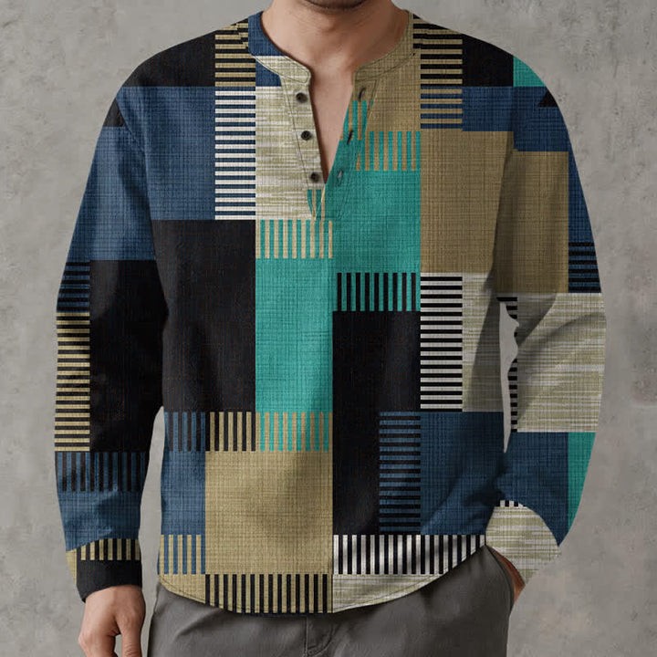 Buddha Stones Camicia da uomo a maniche lunghe con scollo a V e bottoni, in cotone, con motivo patchwork geometrico retrò. - image 15