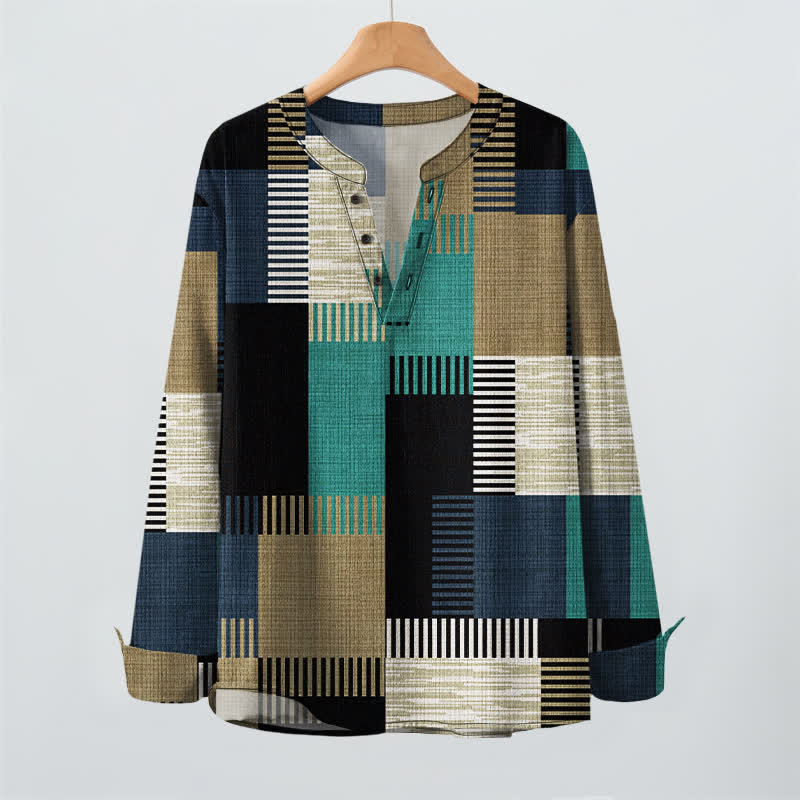 Buddha Stones Camicia da uomo a maniche lunghe con scollo a V e bottoni, in cotone, con motivo patchwork geometrico retrò. - image 16