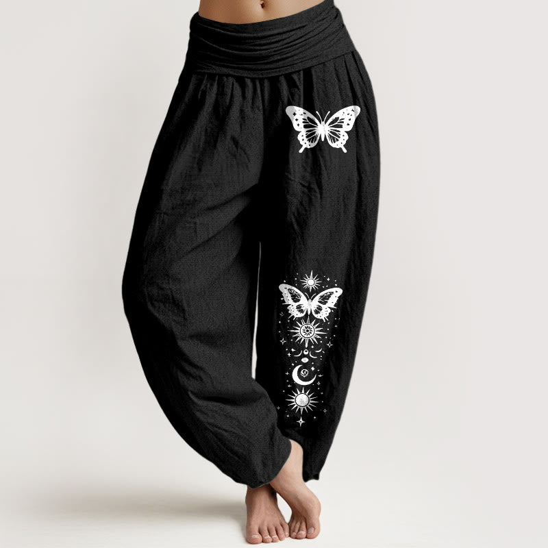 Buddha Stones Pantaloni harem da donna in puro cotone con motivo luna, stelle e farfalle, vita elasticizzata. - Nero - US16, UK/AU20, EU48 (3XL) - image 0