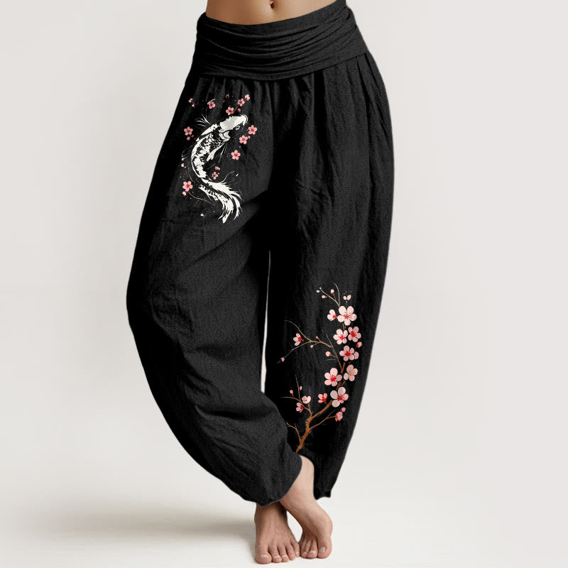 Buddha Stones Pantaloni harem da donna in puro cotone con elastico in vita e fantasia a rami di koi. - Nero - US16, UK/AU20, EU48 (3XL) - image 0