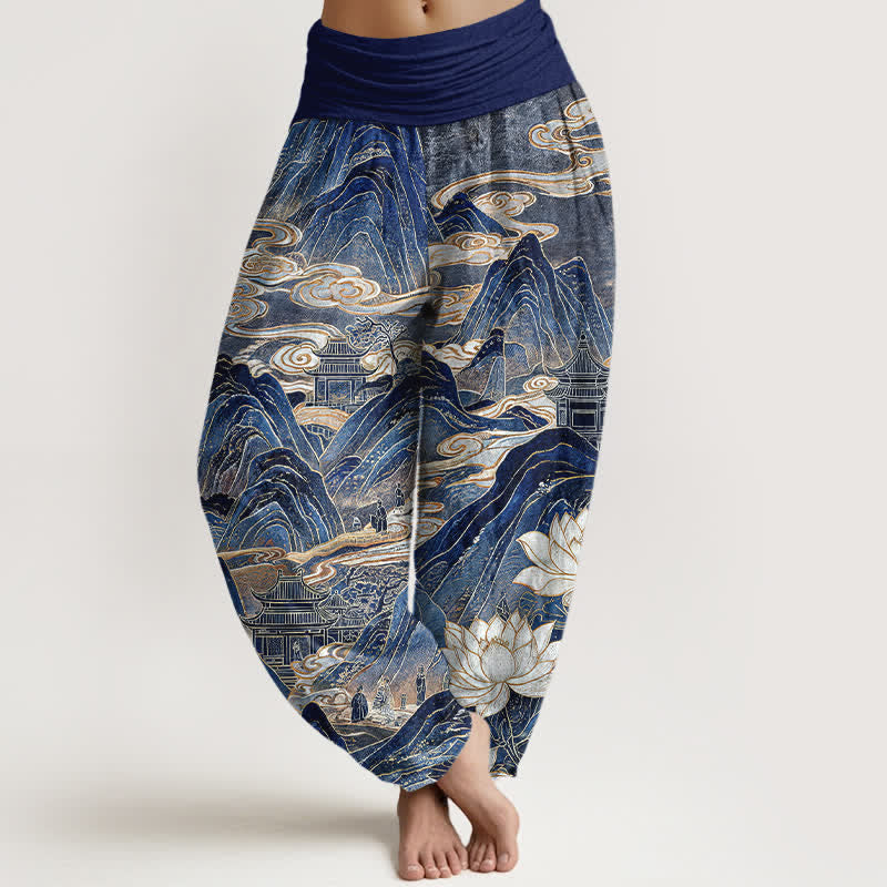 Buddha Stones Pantaloni harem da donna in cotone con motivo a nuvole di loto e elastico in vita. - Marina - US16, UK/AU20, EU48 (3XL) - image 0