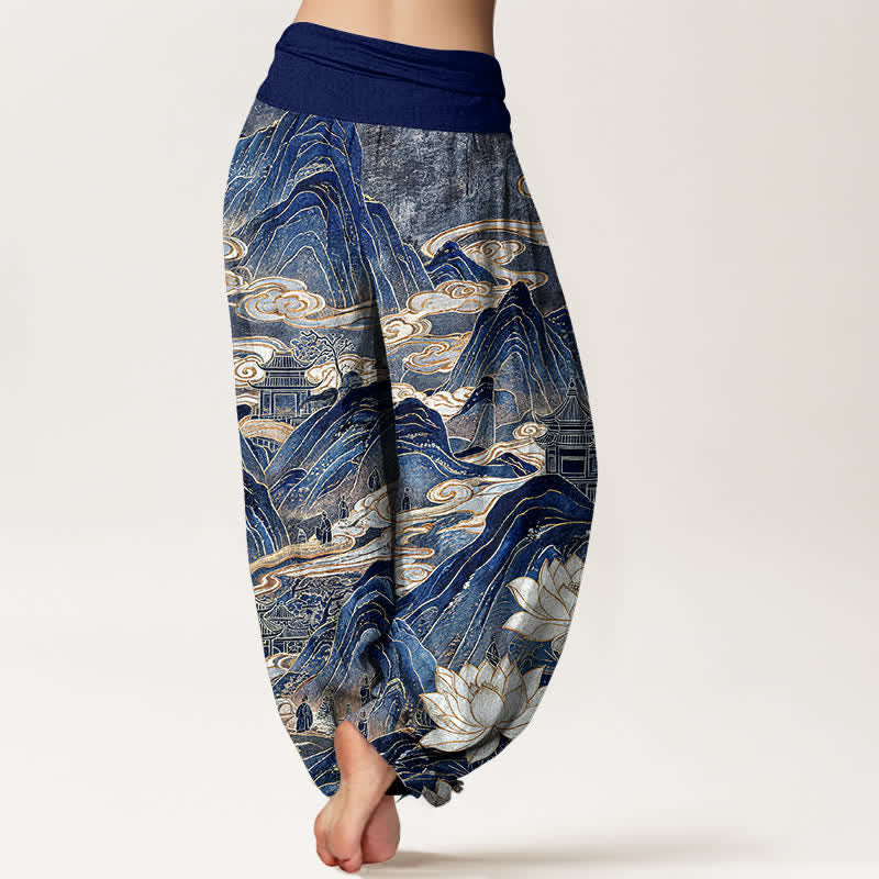 Buddha Stones Pantaloni harem da donna in cotone con motivo a nuvole di loto e elastico in vita. - image 1