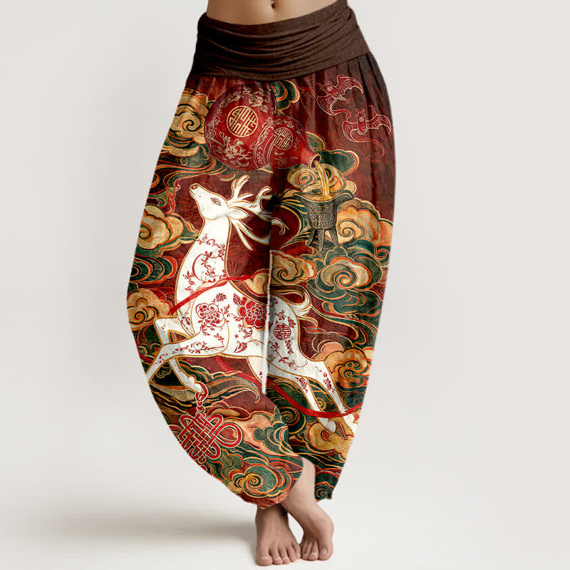Buddha Stones Pantaloni harem da donna in cotone con motivo a nodi cinesi e nuvole decorative, con elastico in vita. - Marrone - US16, UK/AU20, EU48 (3XL) - image 0