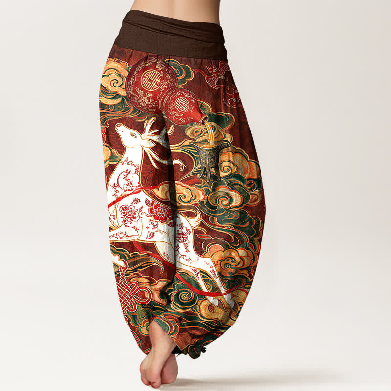 Buddha Stones Pantaloni harem da donna in cotone con motivo a nodi cinesi e nuvole decorative, con elastico in vita. - image 1