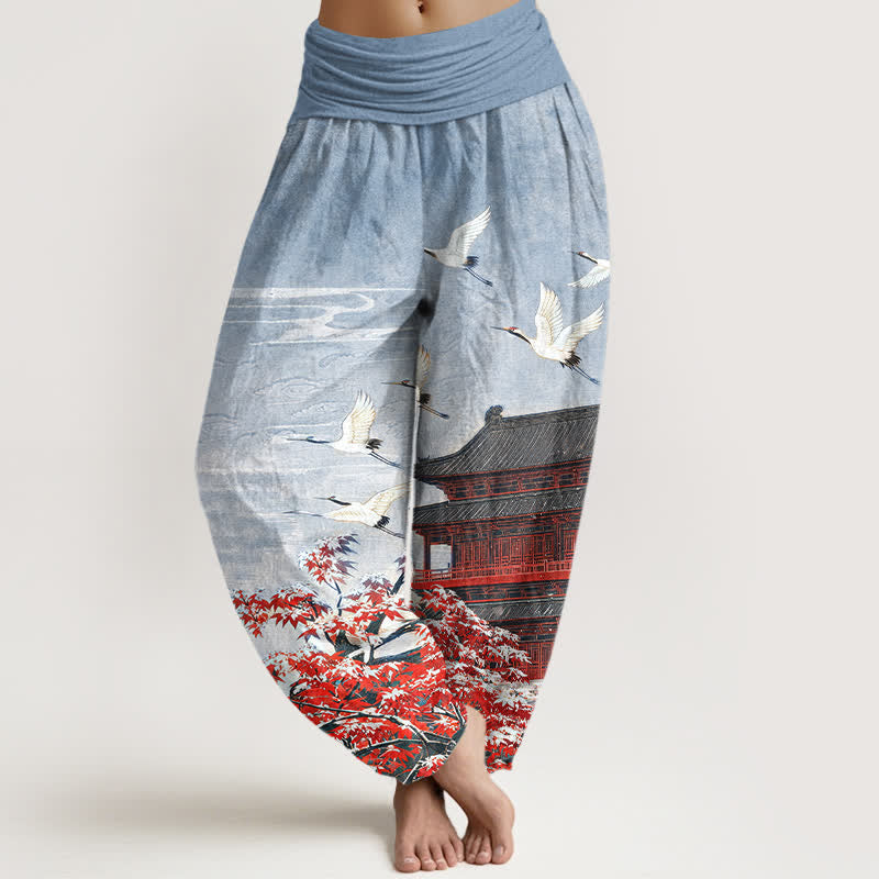 Buddha Stones Pantaloni harem da donna in cotone con motivo a padiglione panoramico e uccelli, con elastico in vita. - Blu acciaio chiaro - US16, UK/AU20, EU48 (3XL) - image 0