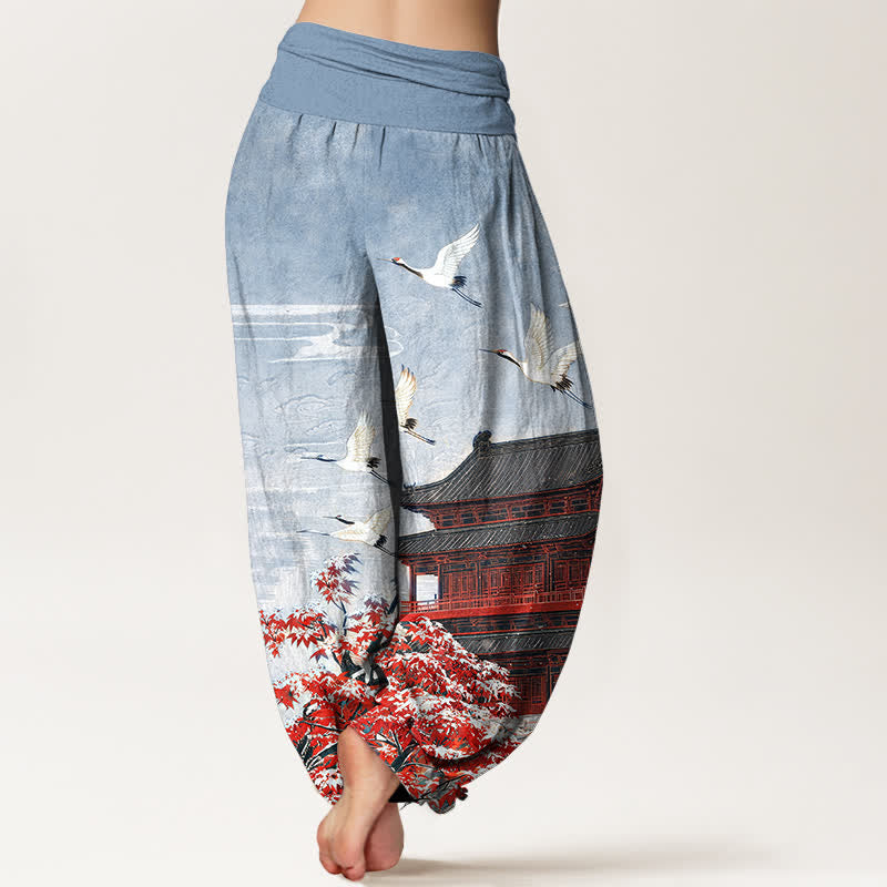 Buddha Stones Pantaloni harem da donna in cotone con motivo a padiglione panoramico e uccelli, con elastico in vita. - image 1
