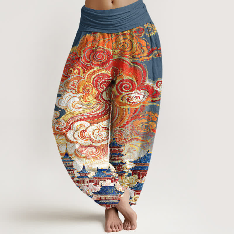 Buddha Stones Pantaloni harem da donna in cotone con motivo floreale etnico a spirale e vita elasticizzata - SteelBlue - US16, UK/AU20, EU48 (3XL) - image 0