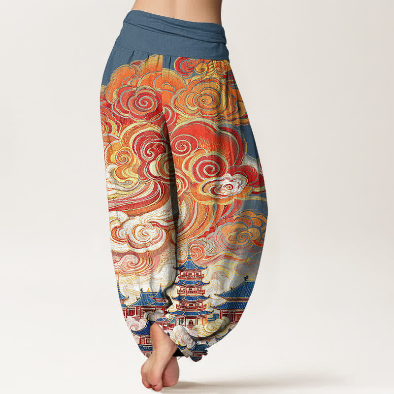 Buddha Stones Pantaloni harem da donna in cotone con motivo floreale etnico a spirale e vita elasticizzata - image 1