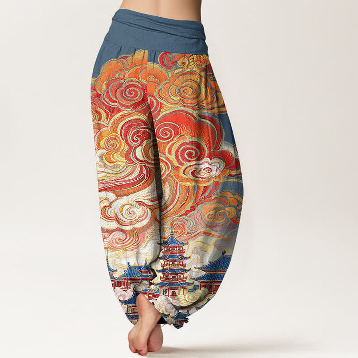 Buddha Stones Pantaloni harem da donna in cotone con motivo floreale etnico a spirale e vita elasticizzata - image 1