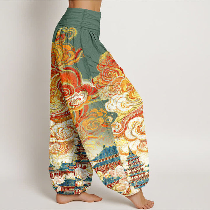 Buddha Stones Pantaloni harem da donna in cotone con motivo floreale etnico a spirale e vita elasticizzata - image 7