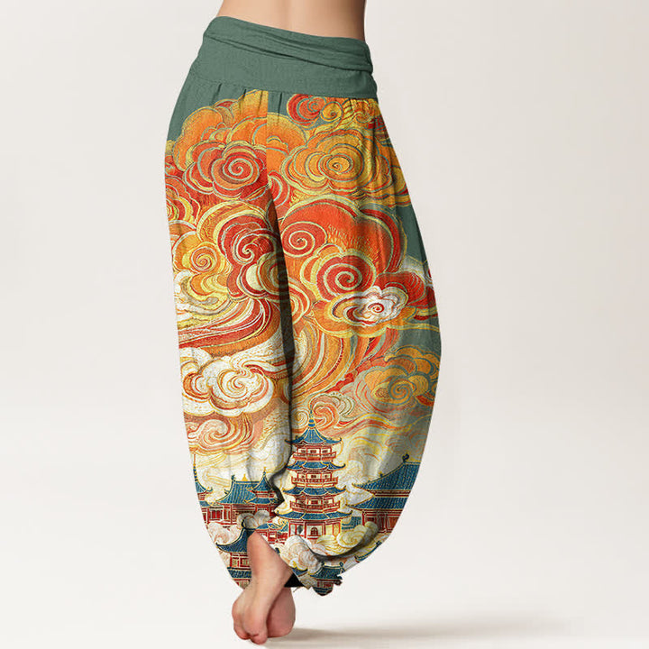 Buddha Stones Pantaloni harem da donna in cotone con motivo floreale etnico a spirale e vita elasticizzata - image 6