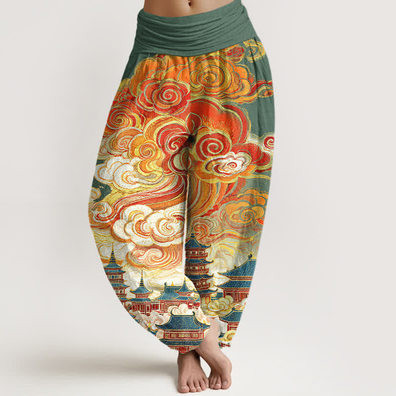 Buddha Stones Pantaloni harem da donna in cotone con motivo floreale etnico a spirale e vita elasticizzata - Verde oliva scuro - US16, UK/AU20, EU48 (3XL) - image 5