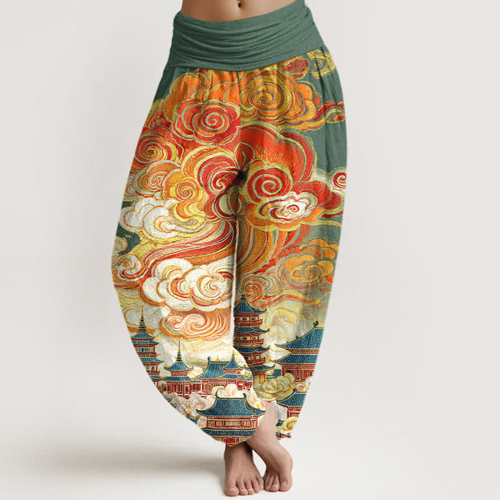 Buddha Stones Pantaloni harem da donna in cotone con motivo floreale etnico a spirale e vita elasticizzata - Verde oliva scuro - US16, UK/AU20, EU48 (3XL) - image 5
