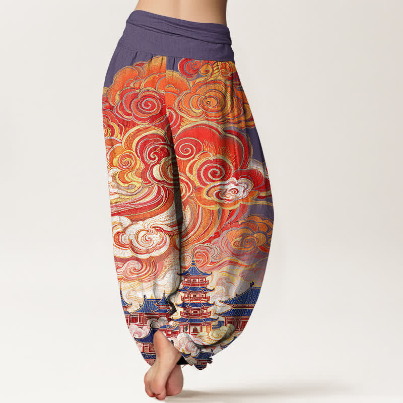 Buddha Stones Pantaloni harem da donna in cotone con motivo floreale etnico a spirale e vita elasticizzata - image 9