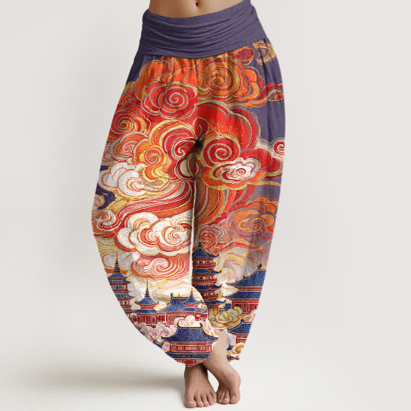 Buddha Stones Pantaloni harem da donna in cotone con motivo floreale etnico a spirale e vita elasticizzata - Viola - US16, UK/AU20, EU48 (3XL) - image 8