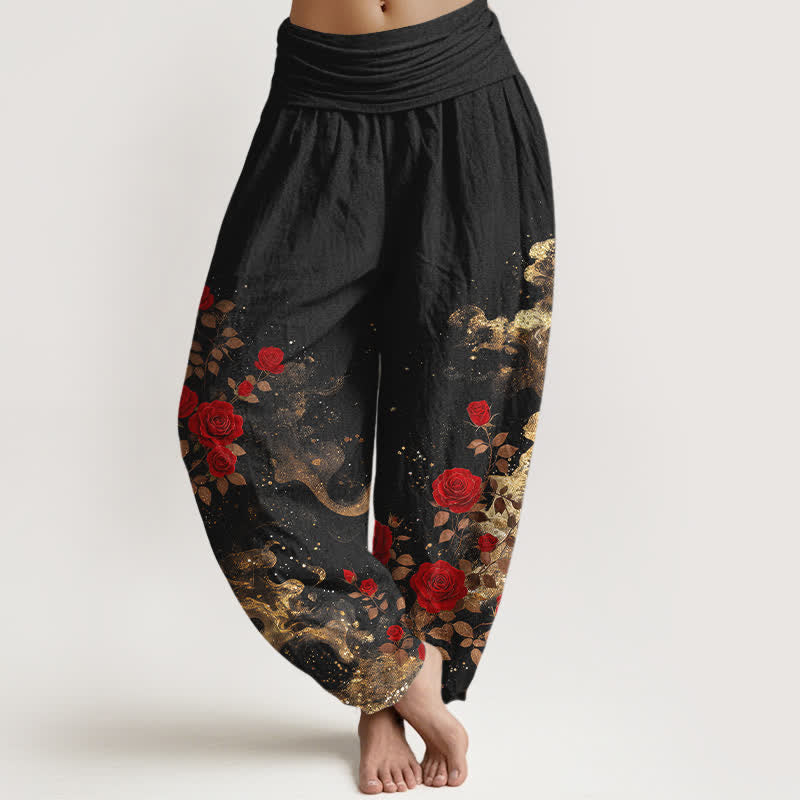Buddha Stones Pantaloni harem da donna in cotone con motivo a rose e nuvole, vita elasticizzata. - Nero - US16, UK/AU20, EU48 (3XL) - image 0