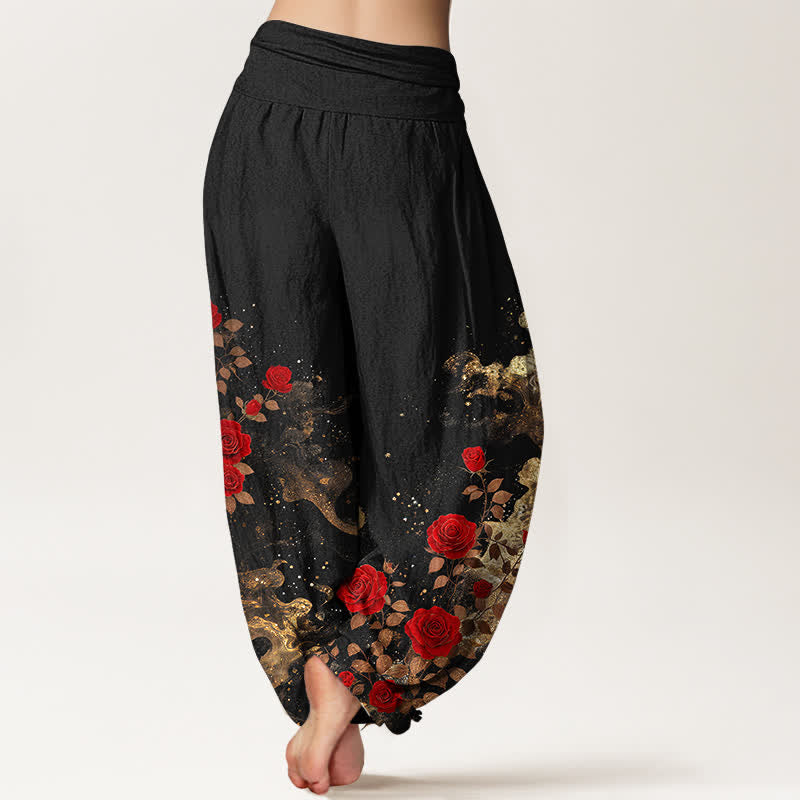Buddha Stones Pantaloni harem da donna in cotone con motivo a rose e nuvole, vita elasticizzata. - image 1