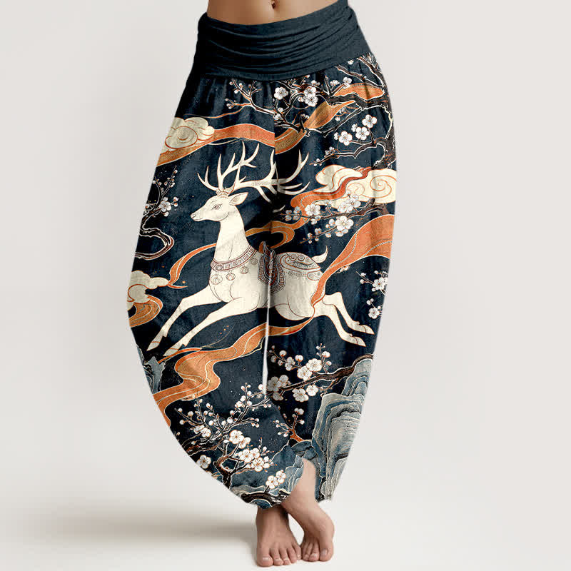 Buddha Stones Pantaloni harem da donna in cotone con motivo a montagne e cervi in ​​fiore, con elastico in vita. - Nero - US16, UK/AU20, EU48 (3XL) - image 0