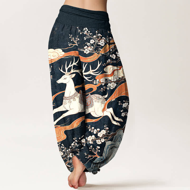 Buddha Stones Pantaloni harem da donna in cotone con motivo a montagne e cervi in ​​fiore, con elastico in vita. - image 1