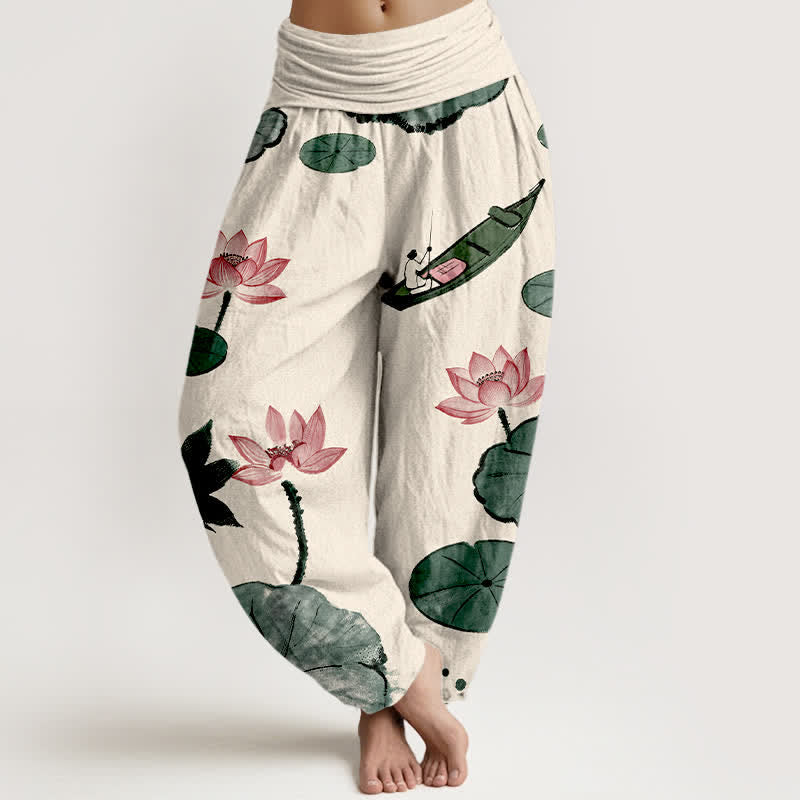 Buddha Stones Pantaloni harem da donna in cotone con motivo a loto orientale e elastico in vita. - Beige - US16, UK/AU20, EU48 (3XL) - image 0