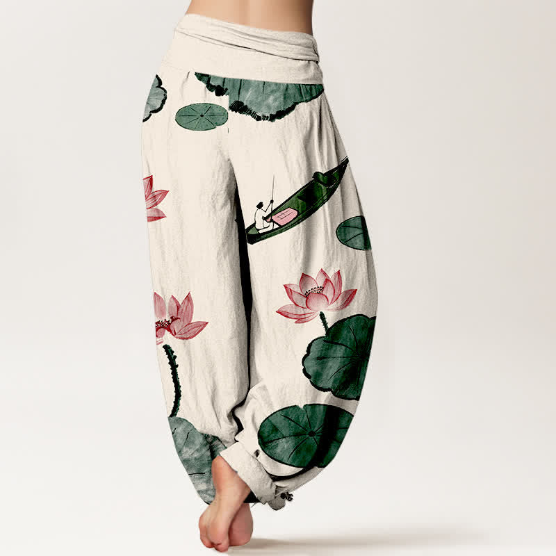 Buddha Stones Pantaloni harem da donna in cotone con motivo a loto orientale e elastico in vita. - image 1