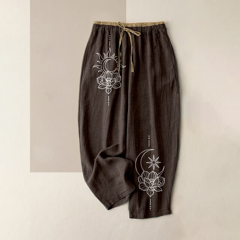 Buddha Stones Pantaloni da donna in puro cotone con elastico in vita e tasche, fantasia Zen Lotus. - Marrone sella - US16, UK/AU20, EU48 (3XL) - image 5