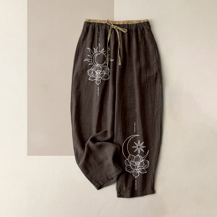 Buddha Stones Pantaloni da donna in puro cotone con elastico in vita e tasche, fantasia Zen Lotus. - Marrone sella - US16, UK/AU20, EU48 (3XL) - image 5