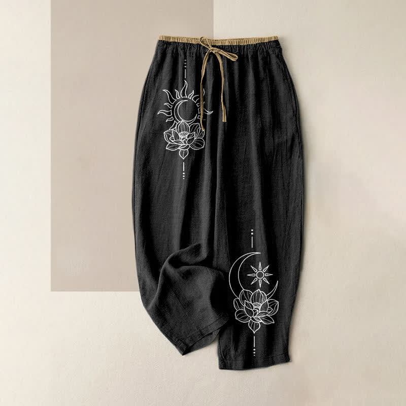 Buddha Stones Pantaloni da donna in puro cotone con elastico in vita e tasche, fantasia Zen Lotus. - Nero - US16, UK/AU20, EU48 (3XL) - image 4