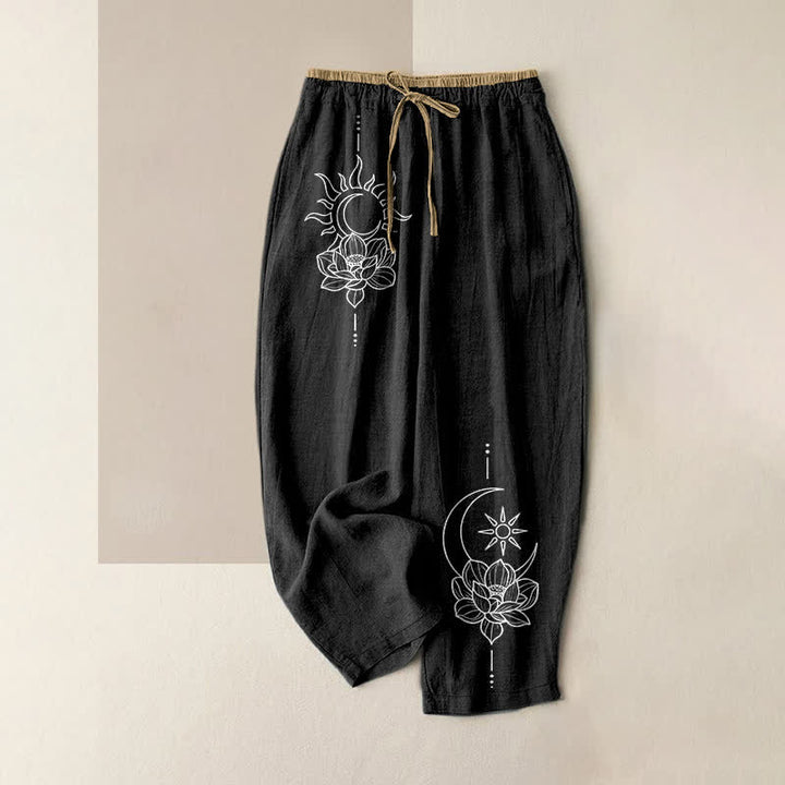 Buddha Stones Pantaloni da donna in puro cotone con elastico in vita e tasche, fantasia Zen Lotus. - Nero - US16, UK/AU20, EU48 (3XL) - image 4