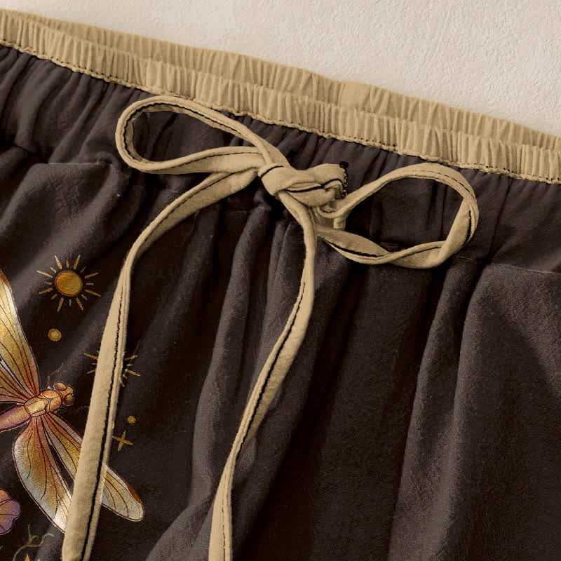 Buddha Stones Pantaloni da donna in puro cotone con elastico in vita e tasche, decorati con ricamo a fiori e farfalle. - image 1