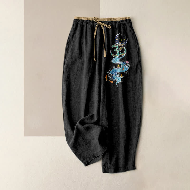 Buddha Stones Pantaloni da donna in puro cotone con elastico in vita e tasche, con motivo luna, stella, OM, carpe koi e loto. - Nero - US16, UK/AU20, EU48 (3XL) - image 0