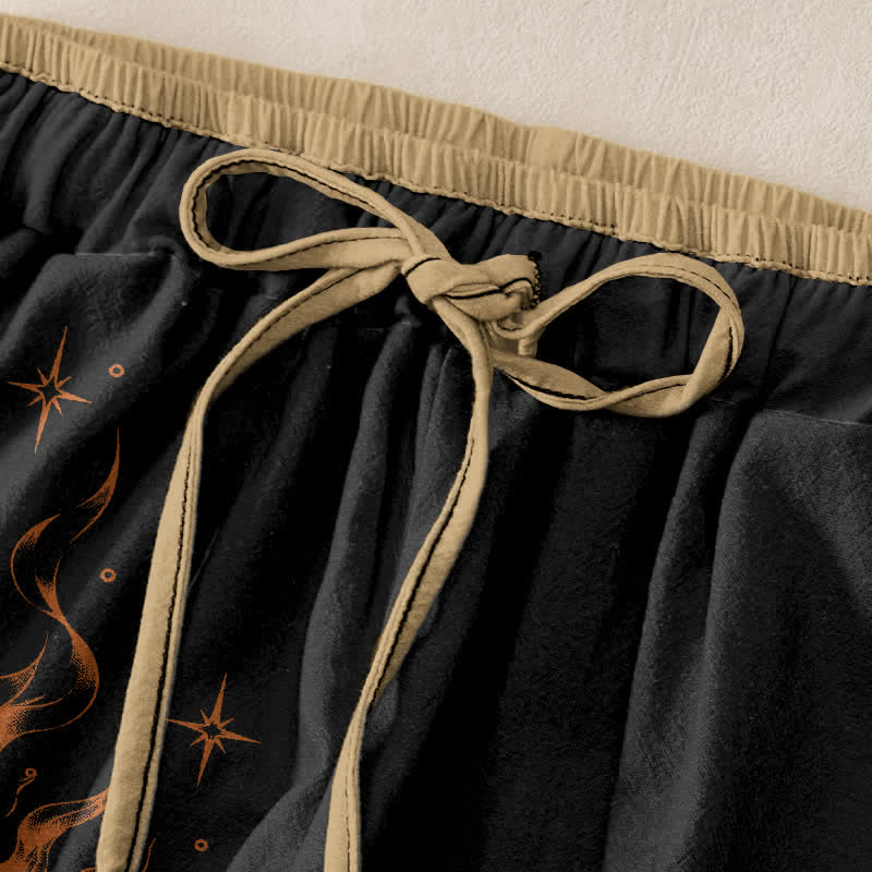 Buddha Stones Pantaloni da donna in puro cotone con elastico in vita e tasche, fantasia retrò sole, stelle e luna. - image 1