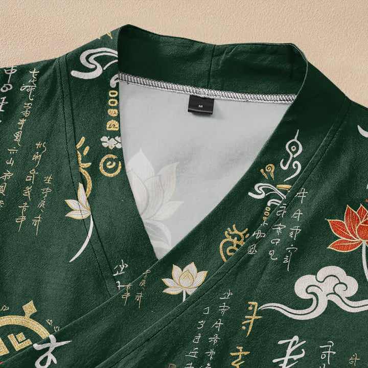 Buddha Stones Kimono da donna a maniche lunghe con scollo a V e allacciatura, in cotone, con stampa Zen Lotus Script. - image 2
