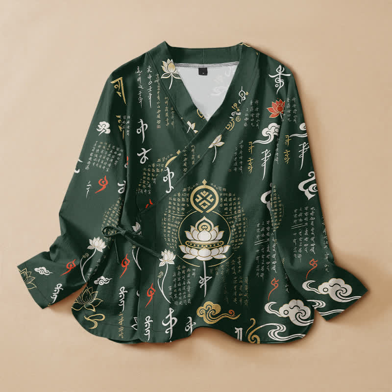 Buddha Stones Kimono da donna a maniche lunghe con scollo a V e allacciatura, in cotone, con stampa Zen Lotus Script. - Verde scuro - US16, UK/AU20, EU48 (3XL) - image 0