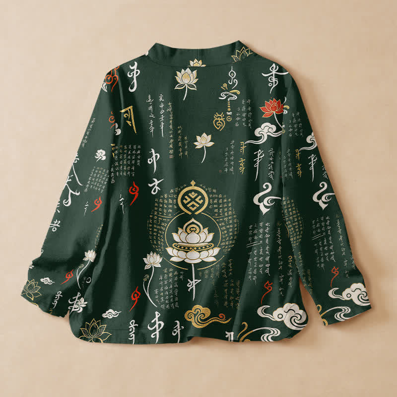 Buddha Stones Kimono da donna a maniche lunghe con scollo a V e allacciatura, in cotone, con stampa Zen Lotus Script. - image 1