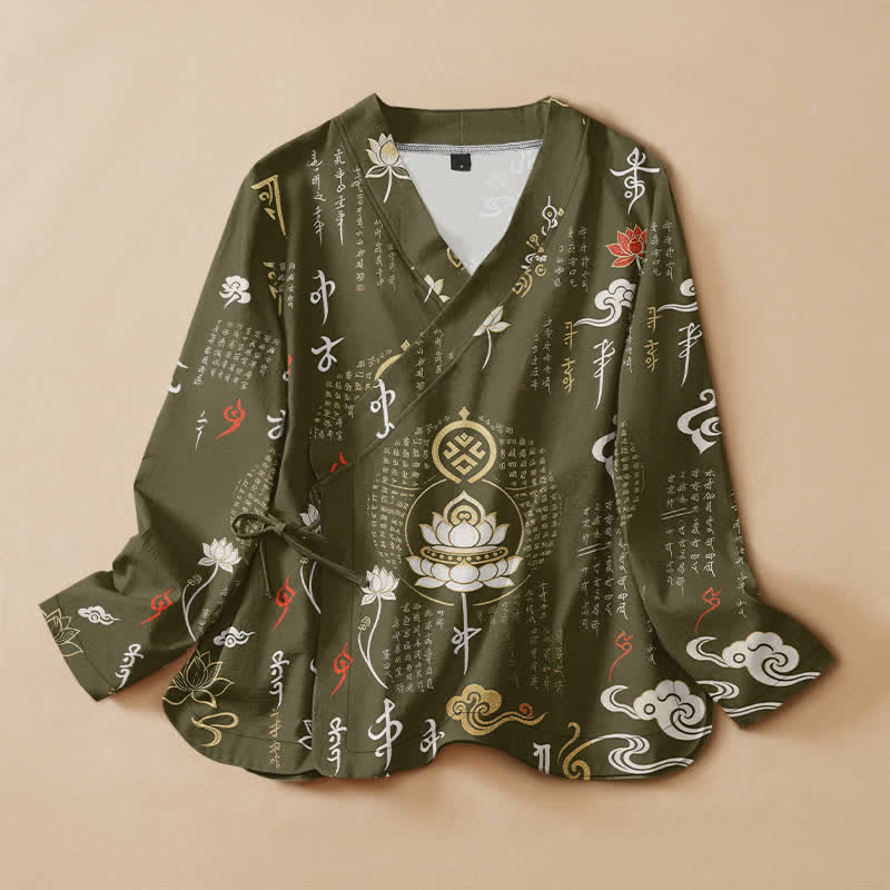 Buddha Stones Kimono da donna a maniche lunghe con scollo a V e allacciatura, in cotone, con stampa Zen Lotus Script. - Verde oliva scuro - US16, UK/AU20, EU48 (3XL) - image 5