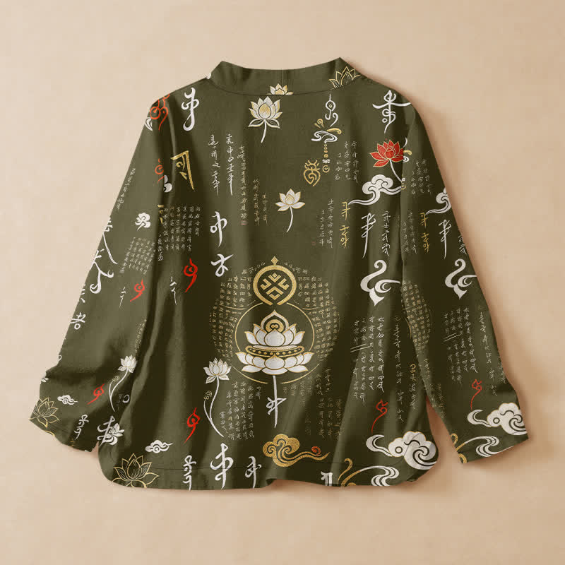 Buddha Stones Kimono da donna a maniche lunghe con scollo a V e allacciatura, in cotone, con stampa Zen Lotus Script. - image 6