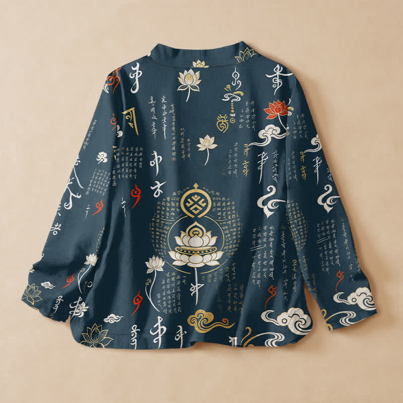 Buddha Stones Kimono da donna a maniche lunghe con scollo a V e allacciatura, in cotone, con stampa Zen Lotus Script. - image 8