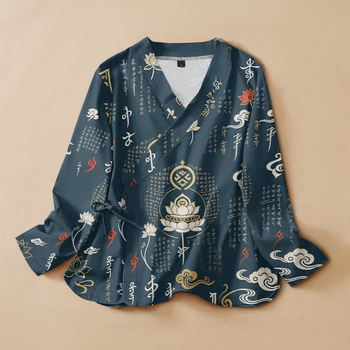 Buddha Stones Kimono da donna a maniche lunghe con scollo a V e allacciatura, in cotone, con stampa Zen Lotus Script. - Grigio ardesia scuro - US16, UK/AU20, EU48 (3XL) - image 7