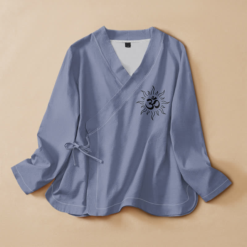 Buddha Stones Kimono da donna a maniche lunghe con scollo a V e allacciatura, in cotone, stile boho, con motivo simbolo Om. - Blu ardesia medio - US16, UK/AU20, EU48 (3XL) - image 0