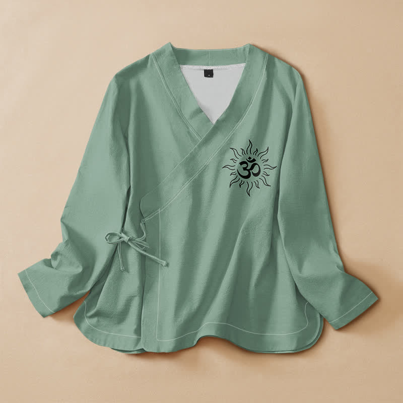 Buddha Stones Kimono da donna a maniche lunghe con scollo a V e allacciatura, in cotone, stile boho, con motivo simbolo Om. - Acquamarina media - US16, UK/AU20, EU48 (3XL) - image 5