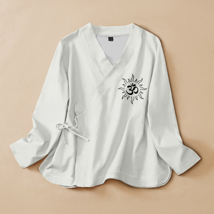 Buddha Stones Kimono da donna a maniche lunghe con scollo a V e allacciatura, in cotone, stile boho, con motivo simbolo Om. - WhiteSmoke - US16, UK/AU20, EU48 (3XL) - image 7